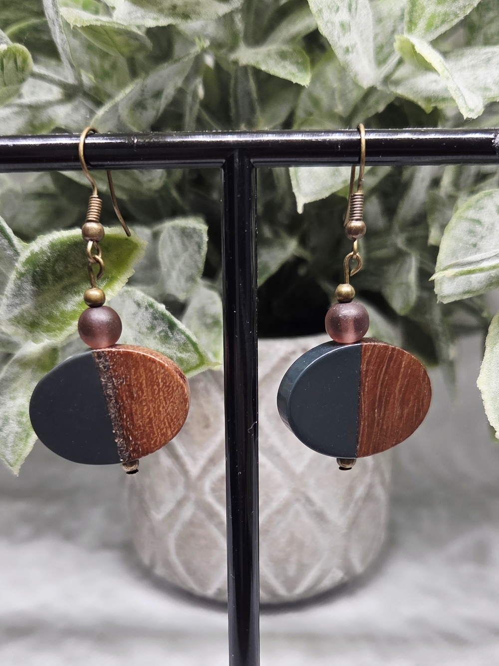 Handcrafted Navy and Brown Half-Moon Drop Earrings